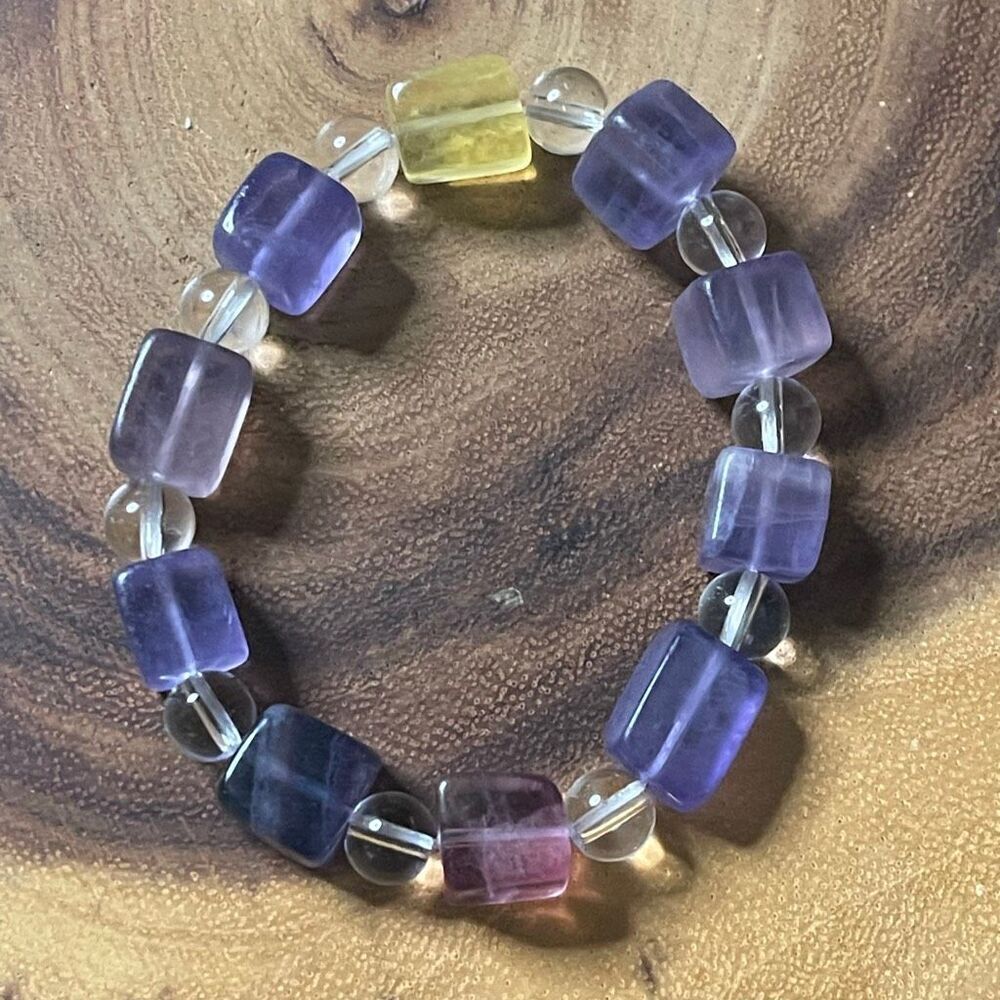 Fluorite bracelet striped layers rainbow colors cube stretch 10mm 7.5” natural c
